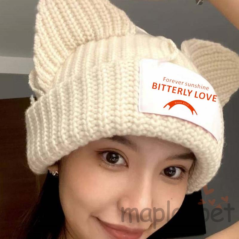 Mũ Len Beanie Dệt Kim In Họa Tiết Tai Mèo Thời Trang Thu Đông Màu Be / Đen / Xanh Dương