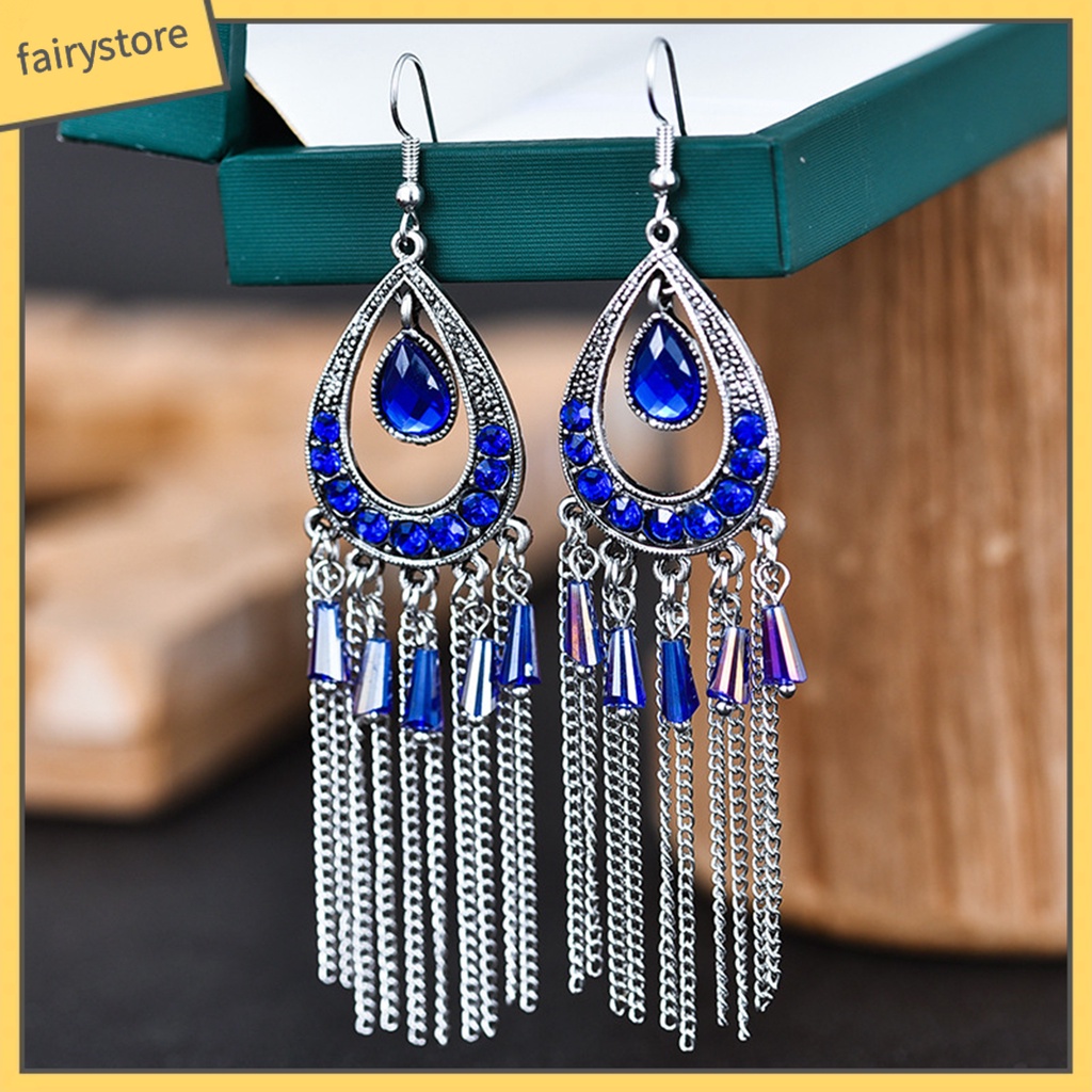 1 Đôi Bông Tai Hình Giọt Nước Đính Đá Phối Tua Rua Phong Cách Vintage