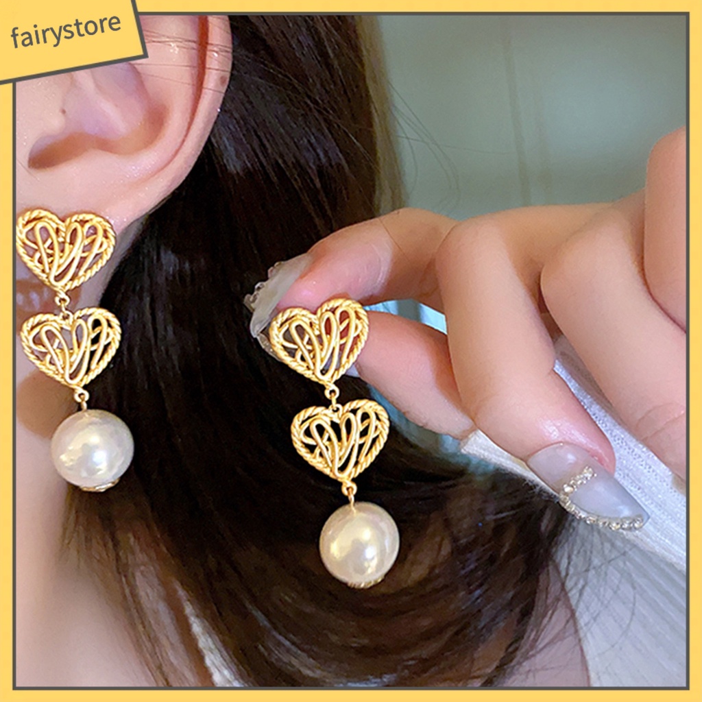 1 Đôi Bông Tai Hình Trái Tim Đính Ngọc Trai Giả Mạ Điện Không Gây Dị Ứng Thời Trang