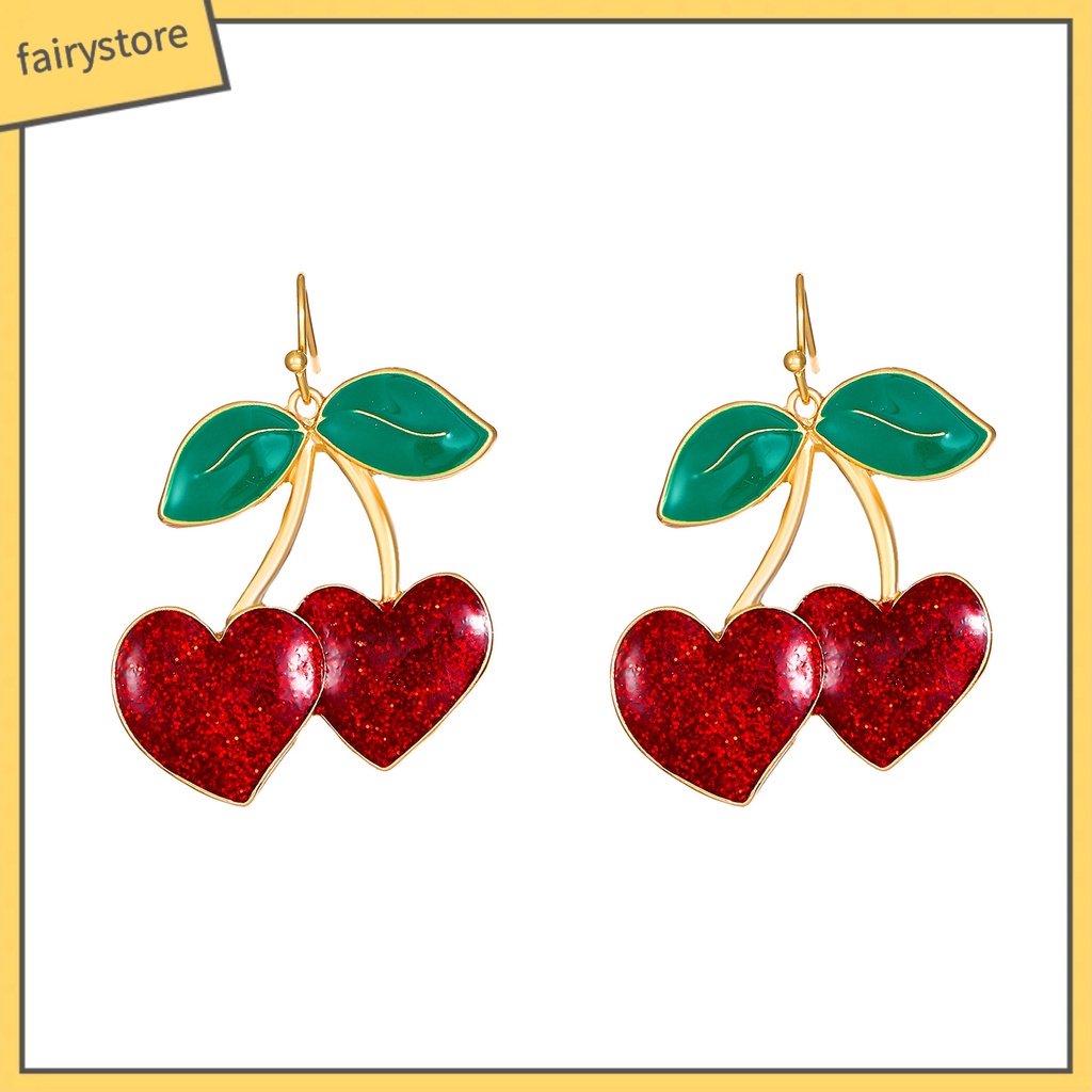 1 Đôi Bông Tai Móc Hình Trái Cây Màu Xanh Lá / Đỏ / Cherry Dễ Thương Dành Cho Nữ