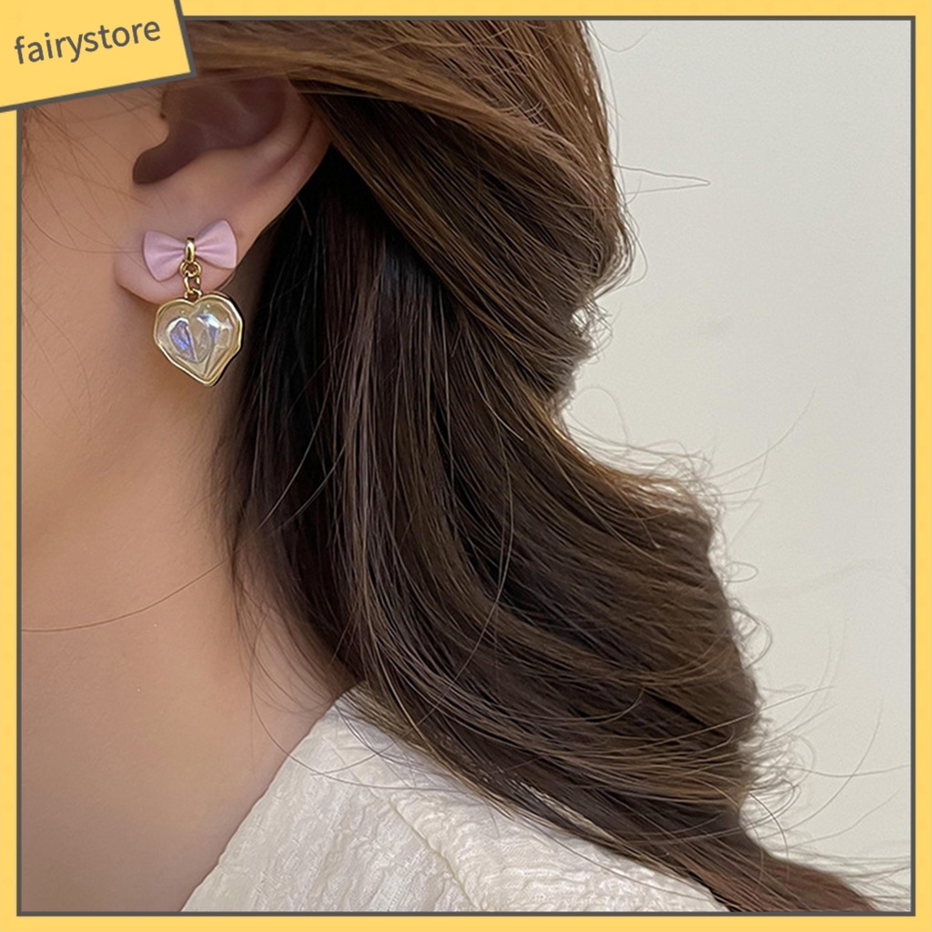 1 Đôi Bông Tai Hình Nơ / Trái Tim Đính Ngọc Trai Nhân Tạo Lấp Lánh Sang Trọng