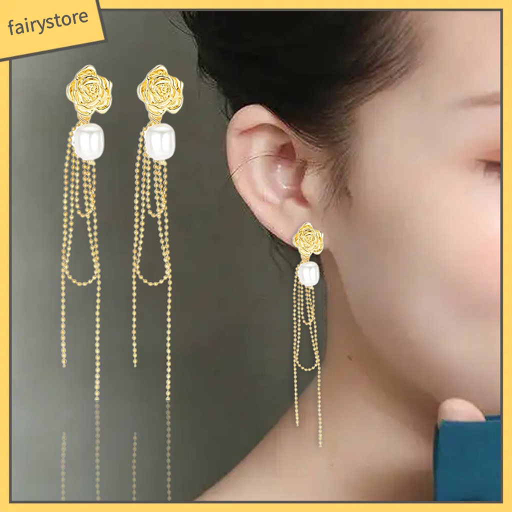 1 Đôi Bông Tai Hình Hoa Hồng Đính Ngọc Trai Nhân Tạo Thời Trang