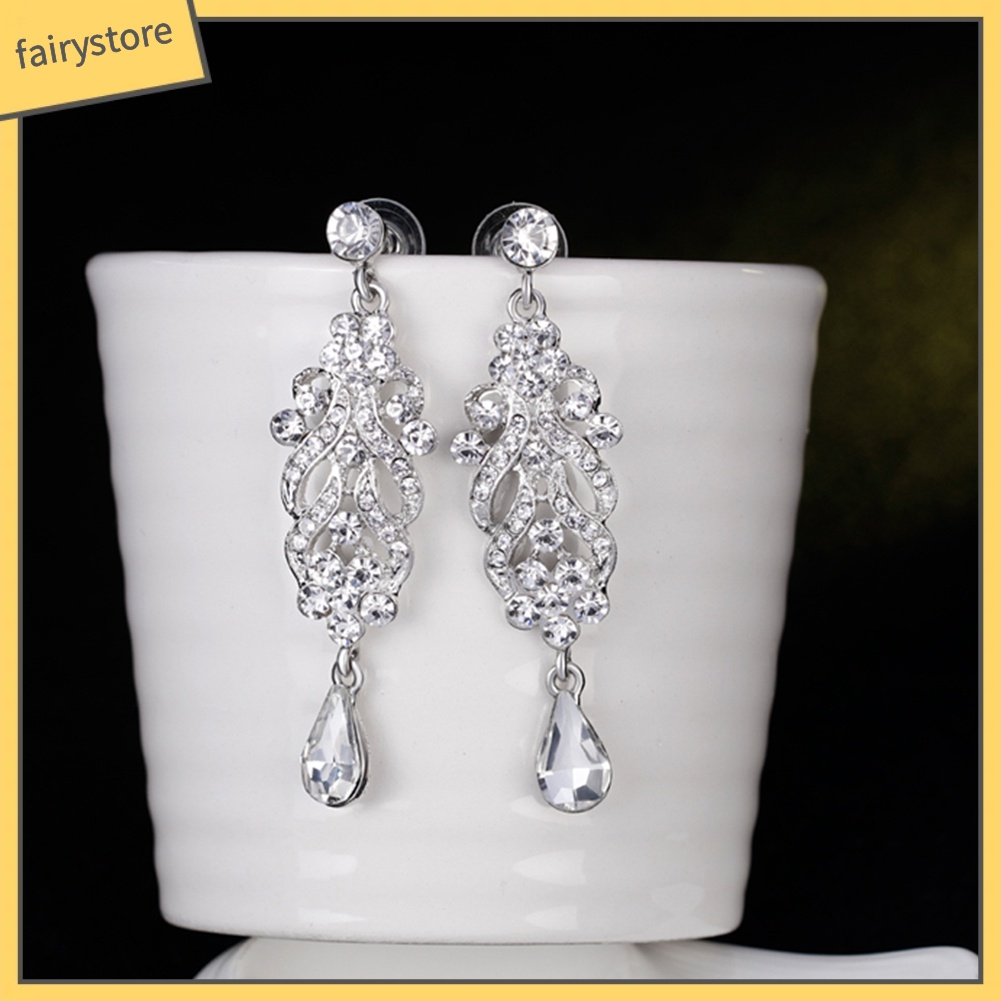 Bông Tai Dáng Dài Hình Hoa Đính Đá Lấp Lánh Cho Cô Dâu