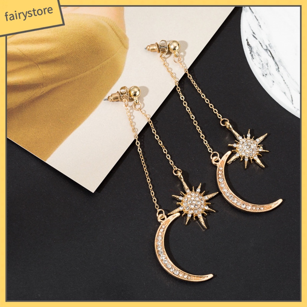 1 Đôi Bông Tai Hình Mặt Trăng Ngôi Sao Đính Đá Lấp Lánh Thời Trang