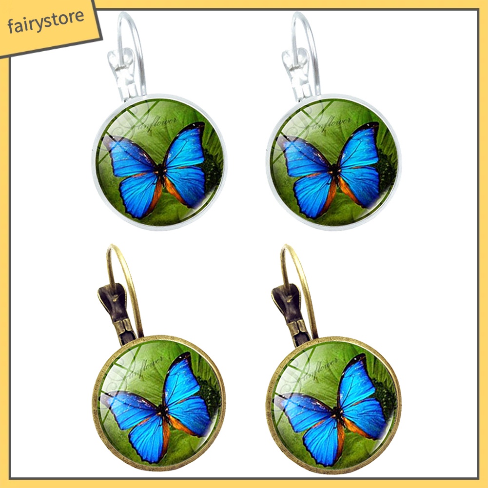 Bông Tai Tròn Mặt Kính Cabochon Hình Bướm Cổ Điển Cho Nữ