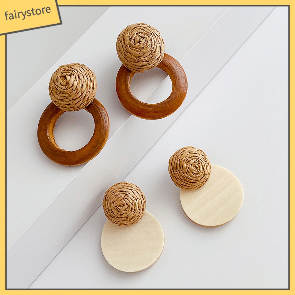 [FRO] 1 Đôi Bông Tai Xỏ Lỗ Bằng Gỗ Rơm Đan Kiểu Retro Mộc Mạc Đơn Giản Cho Nữ