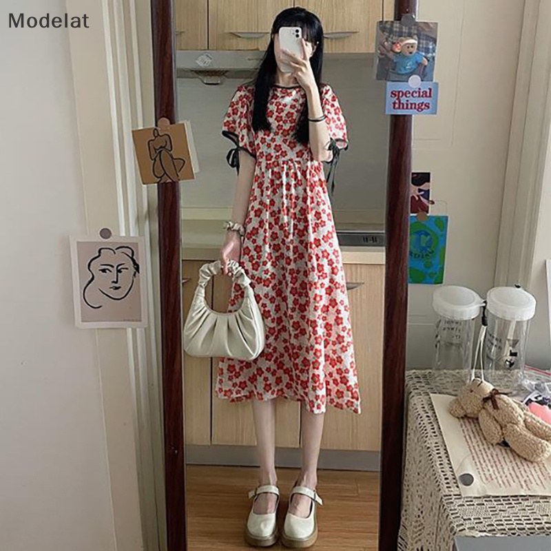 Đầm Dài Cổ Tròn Tay Ngắn In Họa Tiết Hoa Thời Trang Mùa Hè Cho Nữ