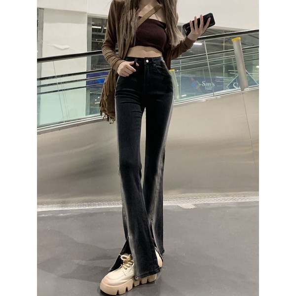 【✨Hàng Có Sẵn Giao Hàng Nhanh Chóng✨] Quần Jean Ống Loe Xẻ Tà Nhẹ Nhàng Ôm Dáng Lưng Cao Co Giãn Màu Gradient Phong Cách Mỹ Cổ Điển Mùa Thu Mới Cho Nữ