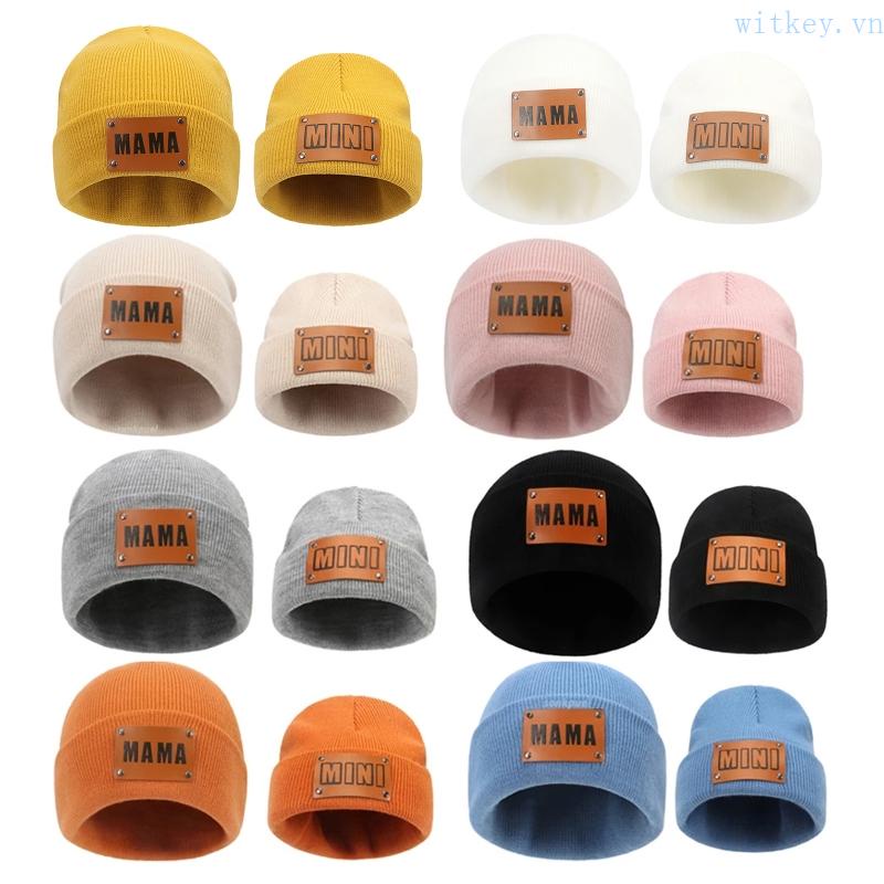 Mũ Len Beanie Dệt Kim Giữ Ấm Mùa Thu Đông Với Nhãn Dán Bằng Da Cho Mẹ Và Bé