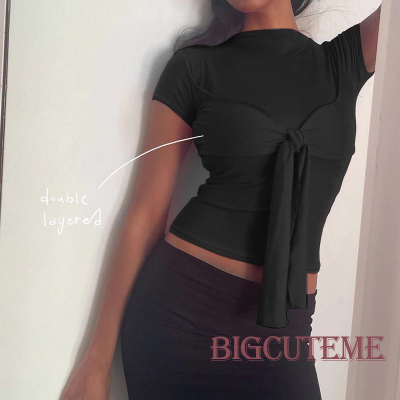 Áo Thun Ngắn Tay Cổ Tròn Màu Trơn Thắt Nút Đơn Giản Cho Nữ