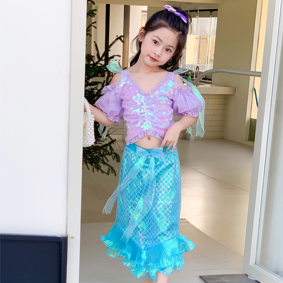 DISNEY Lxaa Bộ Trang Phục Nàng Tiên Cá mb09 2 Mảnh Đính Kim Sa Lấp Lánh Cho Bé Gái