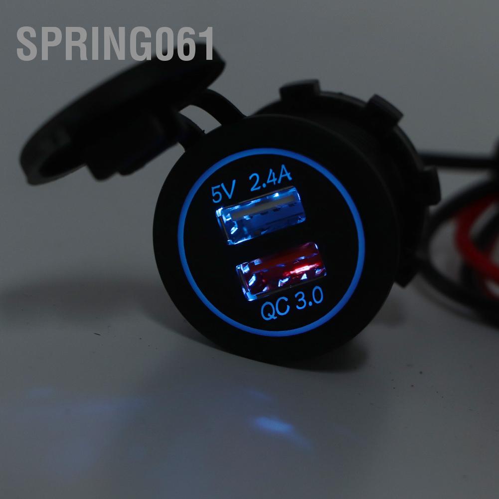 Spring061 Bộ sạc điện thoại di động trên xe hơi USB kép chống nước Sạc nhanh an toàn cho QC 3.0