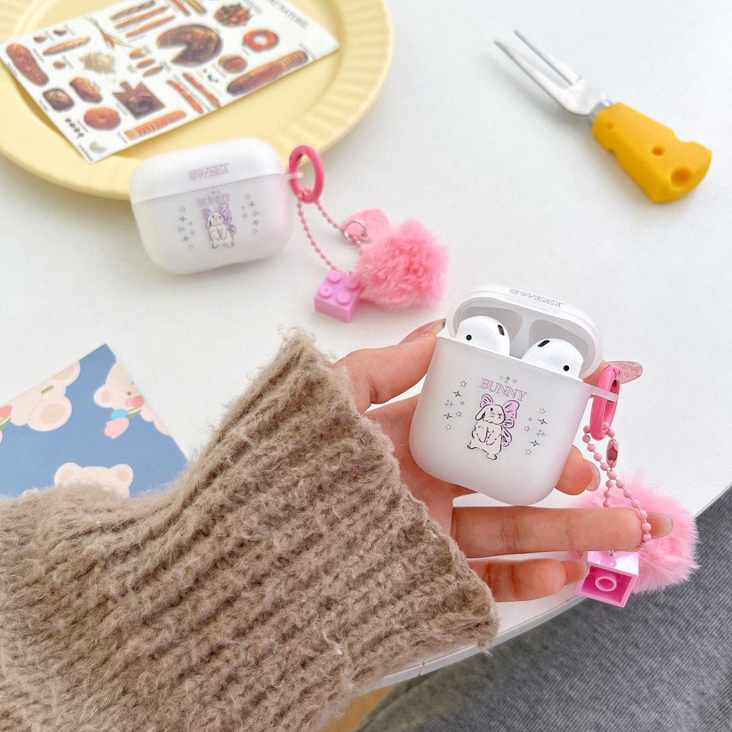 Vỏ Bảo Vệ Hộp Sạc Tai nghe không dây AirPods 1 2 3 Gen Pro2 2022 Bằng TPU Silicone Mềm Trong Suốt Hình Thỏ Phối Banh Lông Màu Hồng