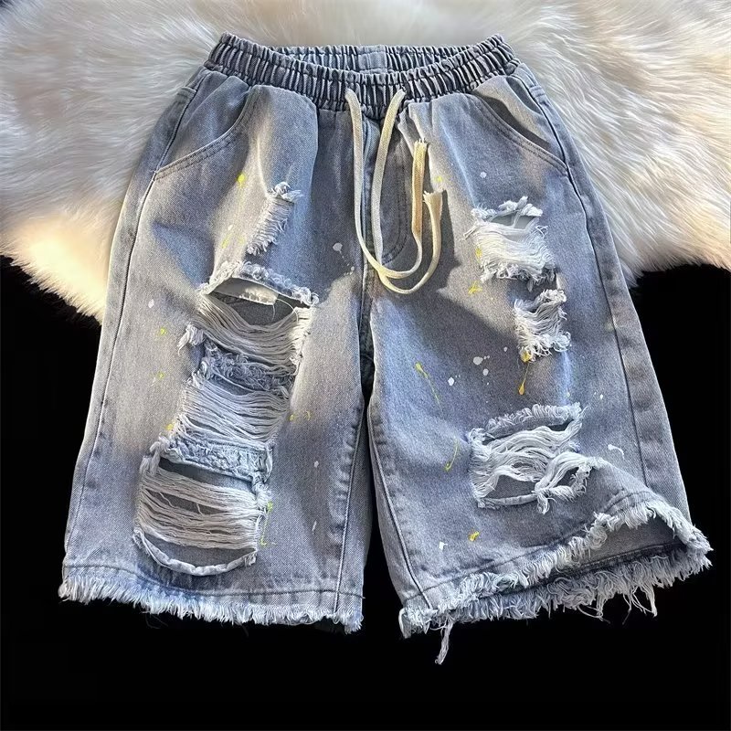 Quần Short Denim Ống Rộng Phong Cách Hip Hop Đường Phố Mỹ Cá Tính Cho Nam