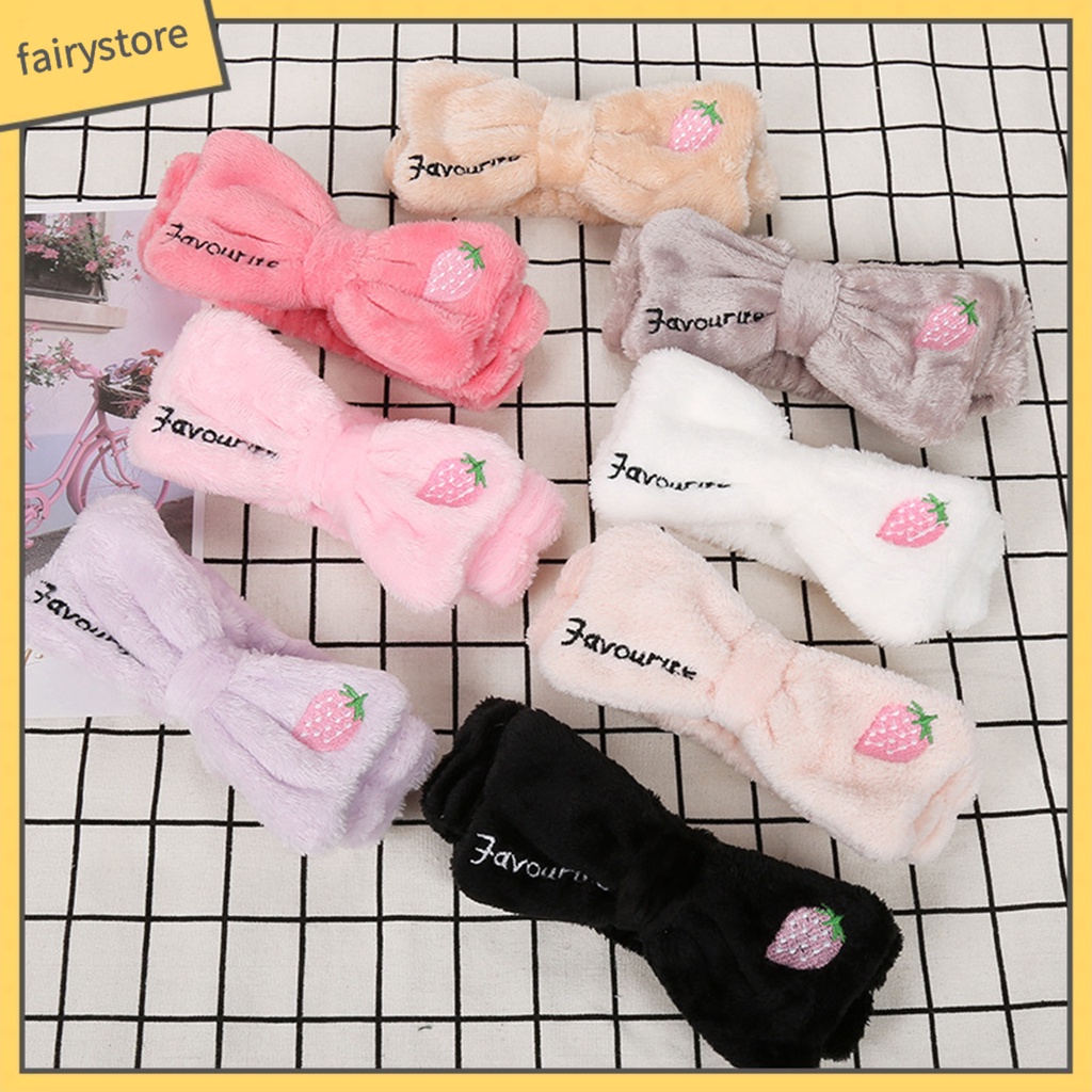 Băng Đô Cài Tóc Rửa Mặt Giữ Ấm Bản Rộng Thêu Hình Dâu Tây Phong Cách Hàn Quốc Cho Nữ