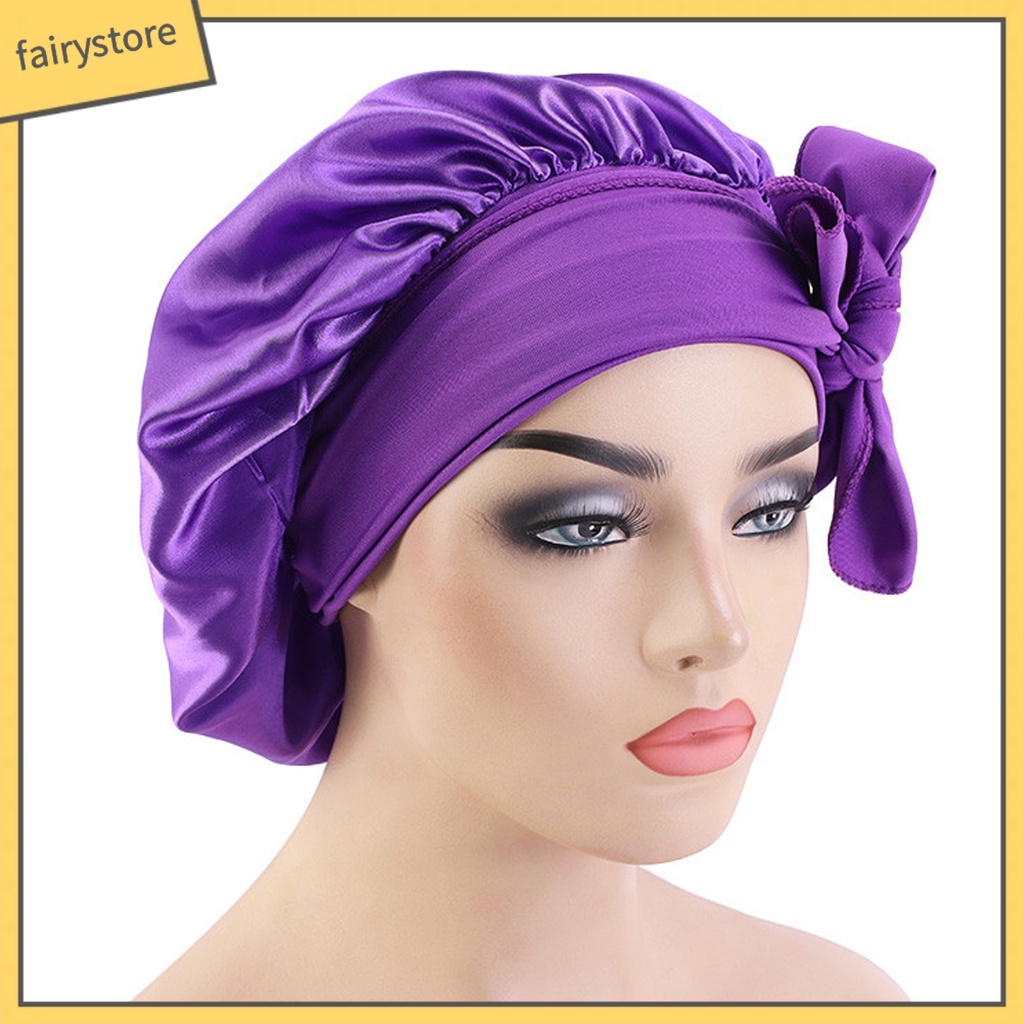 Mũ Trùm Đầu Bằng Lụa Satin Co Giãn Màu Trơn Phối Ren Chăm Sóc Tóc Khi Ngủ Cho Nữ