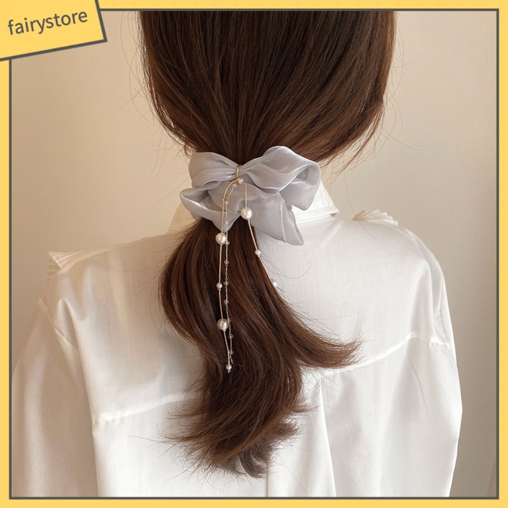 Dây Cột Tóc Satin Co Giãn Đính Ngọc Trai Giả Màu Trơn Sáng Bóng Thanh Lịch Cho Nữ