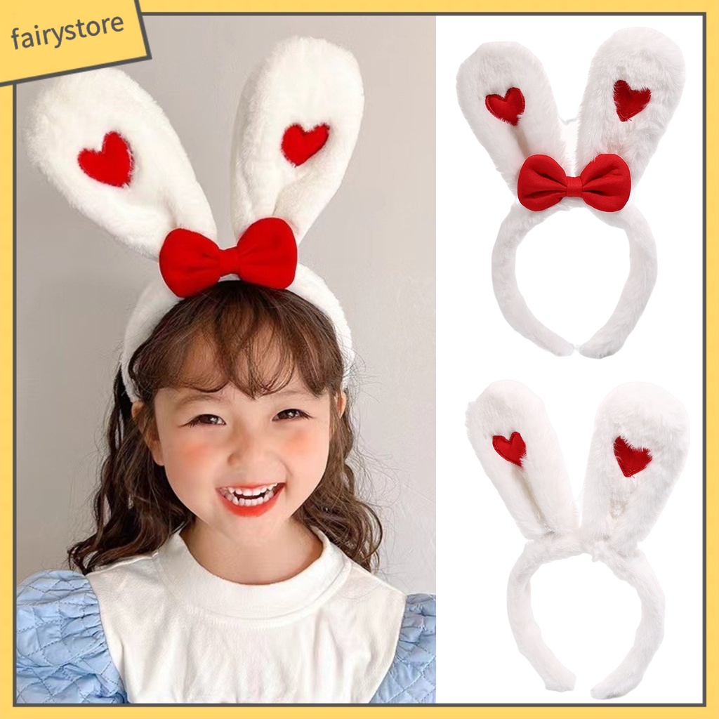 Băng Đô Cài Tóc Tai Thỏ Bằng Vải Bông Mềm Mại Co Giãn Đính Nơ In Họa Tiết Trái Tim Màu Tương Phản