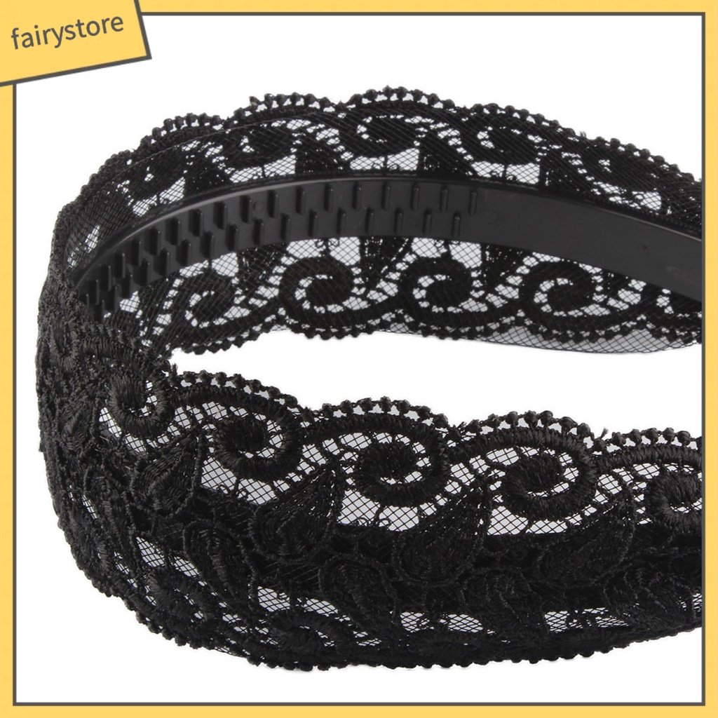 Băng Đô Cài Tóc Phối Ren Thêu Họa Tiết Lá Rỗng Nhẹ Màu Đen Chống Trượt Phong Cách Cổ Điển Cho Nữ