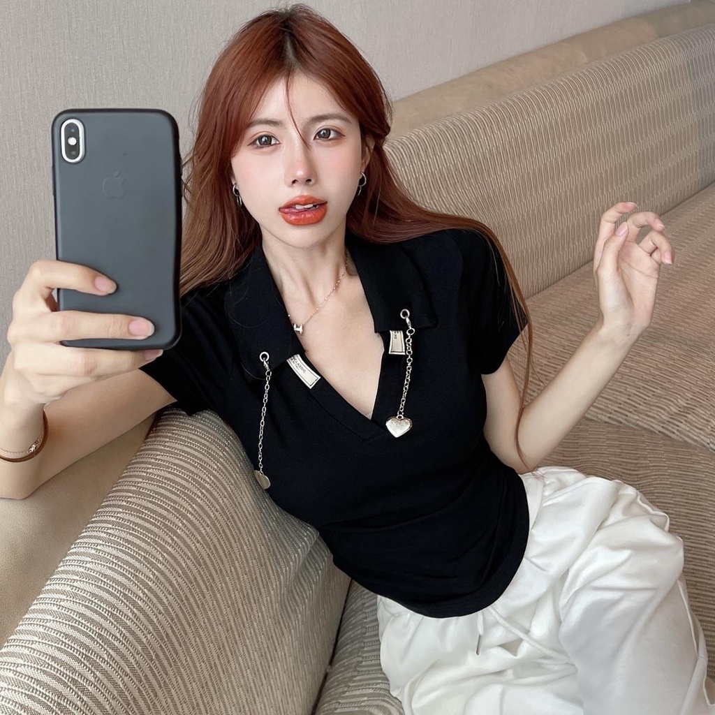 Áo polo Ngắn Tay Màu Trơn Đính Dây Xích Trái Tim Kiểu Hàn Quốc Thời Trang Mùa Hè Cho Nữ