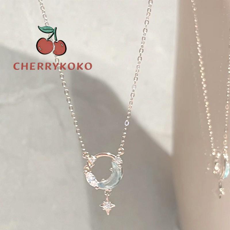 🍒🍒CHERRYKOKO Vòng cổ Mạ Bạc Mặt Trăng Và Ngôi Sao Đính Đá Zircon Xanh