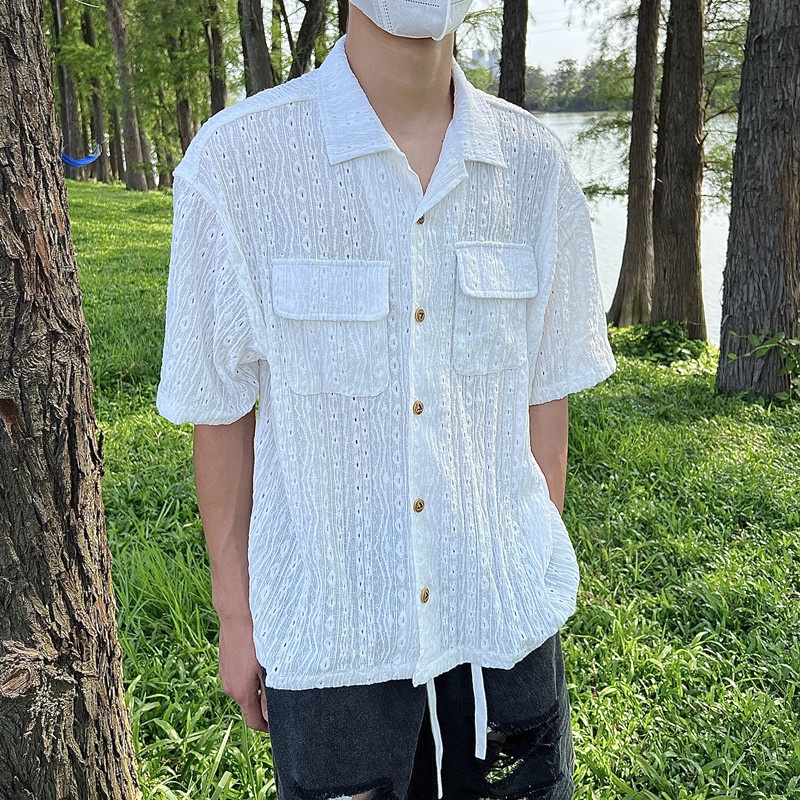 Áo Sơ Mi Ngắn Tay Màu Sắc Đơn Giản Phong Cách Harajuku Nhật Bản Cho Nam