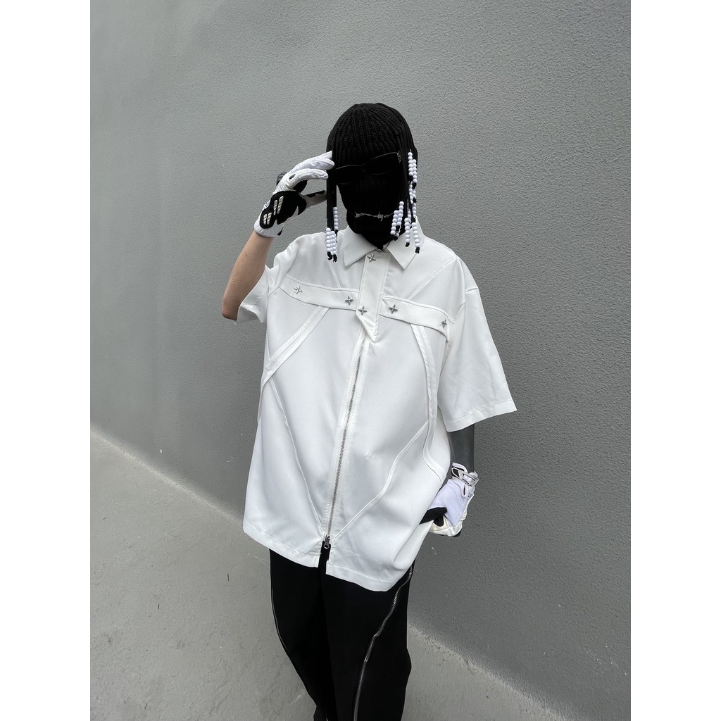 Trb 22SS Áo Sơ Mi Ngắn Tay Dáng Rộng Khóa Kéo Kim Loại Đường Phố Cao Cấp Tối Màu Dễ Phối Đồ