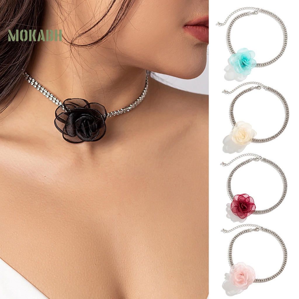 Vòng Cổ Choker Nối Dài Đính Đá Hình Hoa Hồng Lấp Lánh Có Thể Điều Chỉnh Cho Nữ