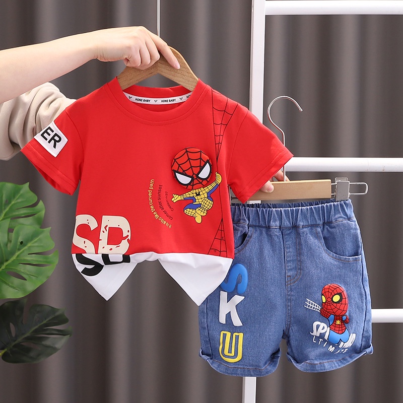 Set Đồ Mùa Hè 2 Món Gồm Áo Cotton In Hình Người Nhện Hoạt Hình + Quần Ngắn Denim Cho Bé Trai