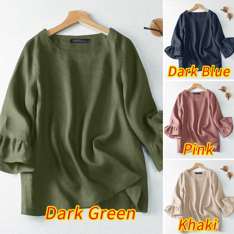 Zanzea Áo Sơ Mi Tay Lửng Nhún Bèo Màu Trơn Phong Cách Hàn Quốc Cho Nữ