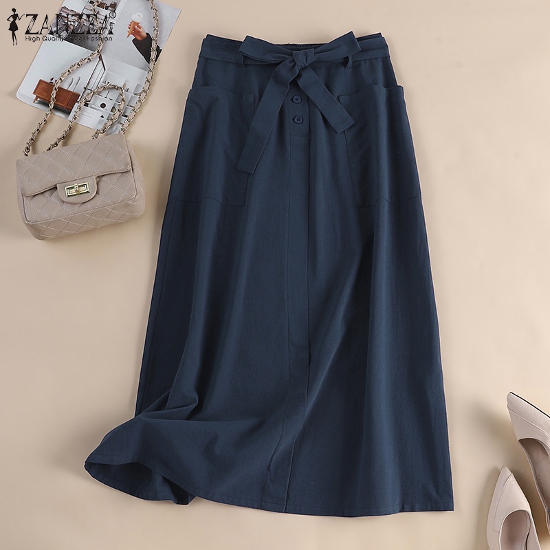 Zanzea Chân Váy Cotton Lưng Cao Có Túi Bên Hông Thời Trang Hàn Quốc Cho Nữ