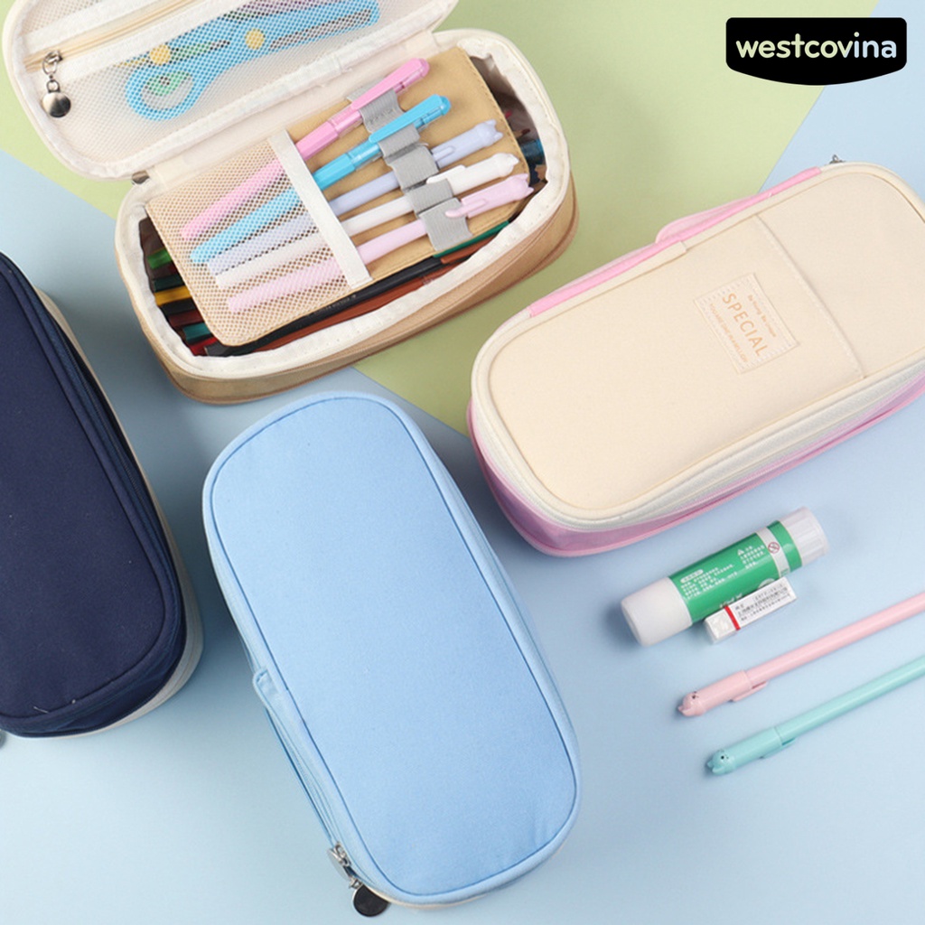 [WSTN]✎Túi Đựng Bút Hai Lớp Bằng Vải Canvas Có Dây Kéo Và Sức Chứa Lớn