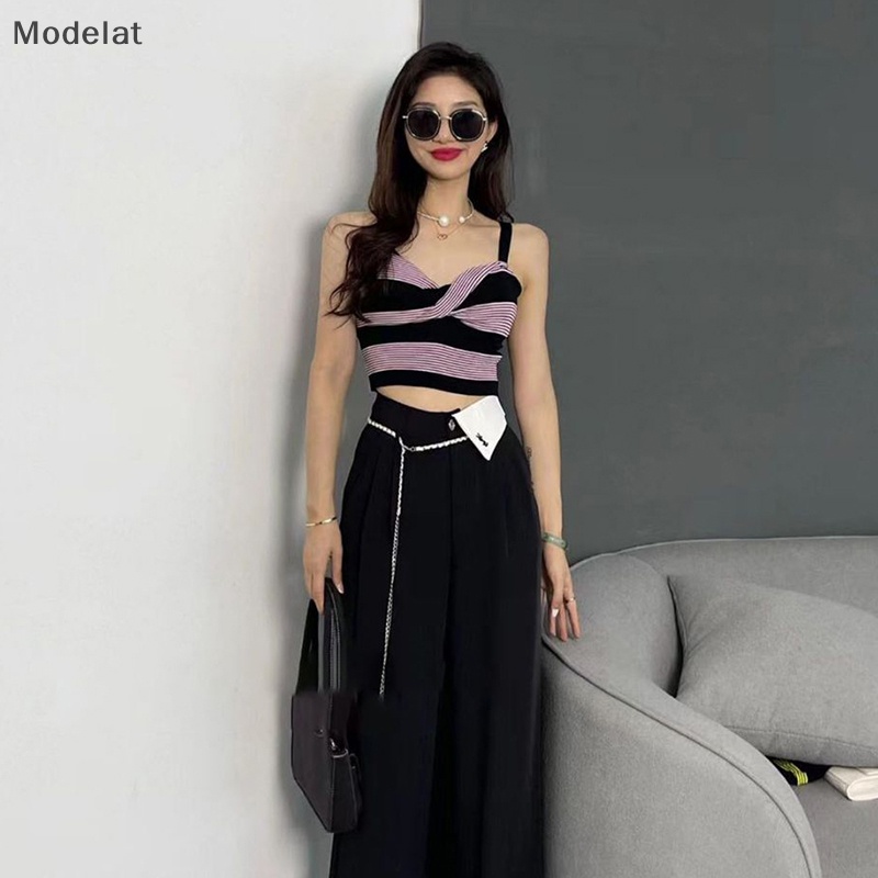 Mfc Áo Dệt Kim Không Tay Dáng Ôm Họa Tiết Kẻ Sọc Màu Tương Phản Thời Trang Quyến Rũ Cho Nữ