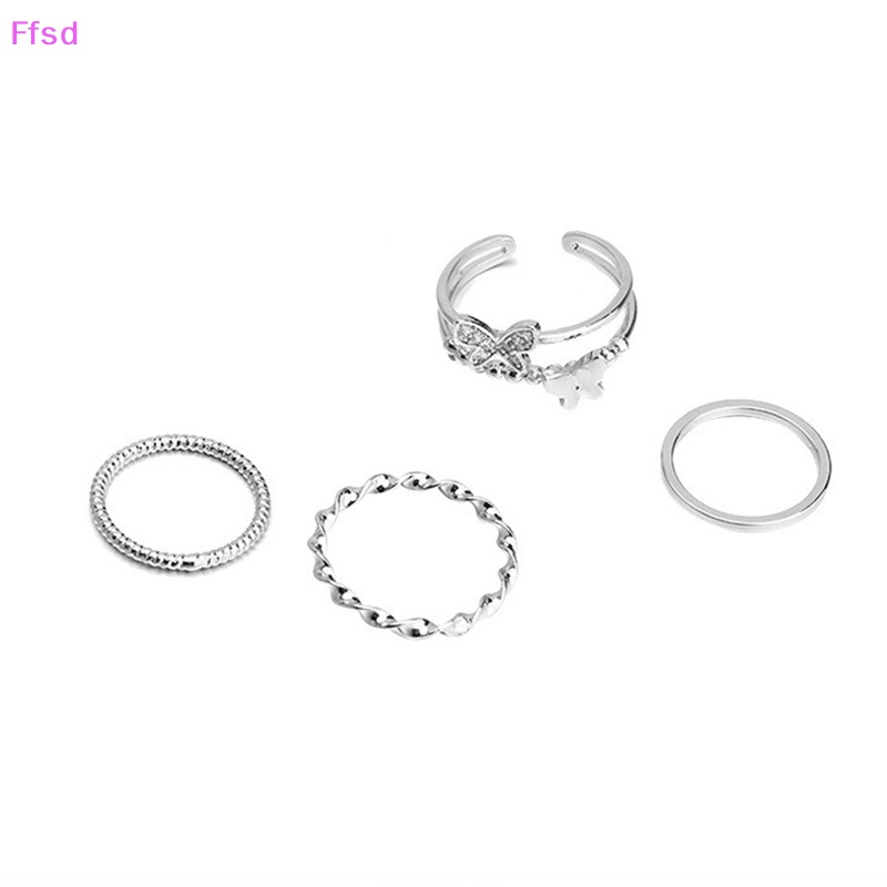 Bộ 4 Nhẫn Hình Bướm Tròn Màu Bạc Thời Trang Có Thể Điều Chỉnh Cho Nữ