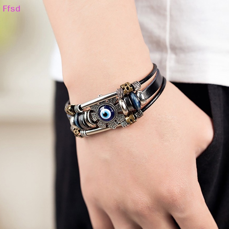 {Ffsd} Vòng Tay Da Màu Đen Xỏ Hạt Nhiều Lớp Hình Mắt Quỷ May Mắn Phong Cách Punk Cho Nam Và Nữ