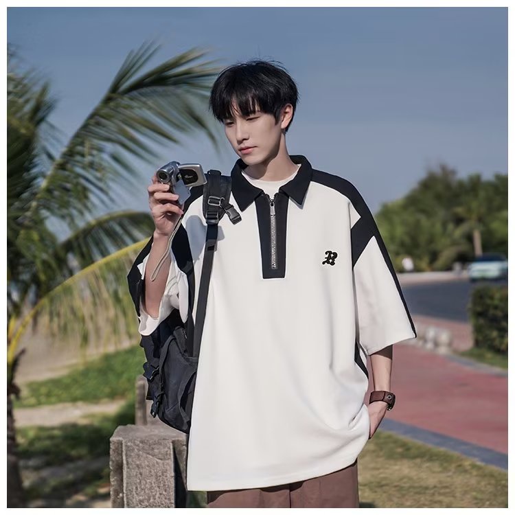 Áo Thun polo Ngắn Tay Dáng Rộng Có Khóa Kéo Màu Sắc Tương Phản Phong Cách Mỹ Thời Trang Mùa Hè Cho Nam