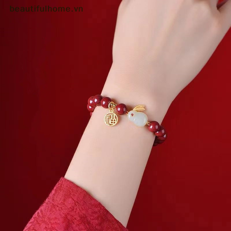 [beautifulhome] Vòng Tay Chuỗi Hạt Cinnabar Giả Thỏ May Mắn Trung Hoa Thủ Công Cổ Điển Thời Trang Sáng Tạo [beauty]