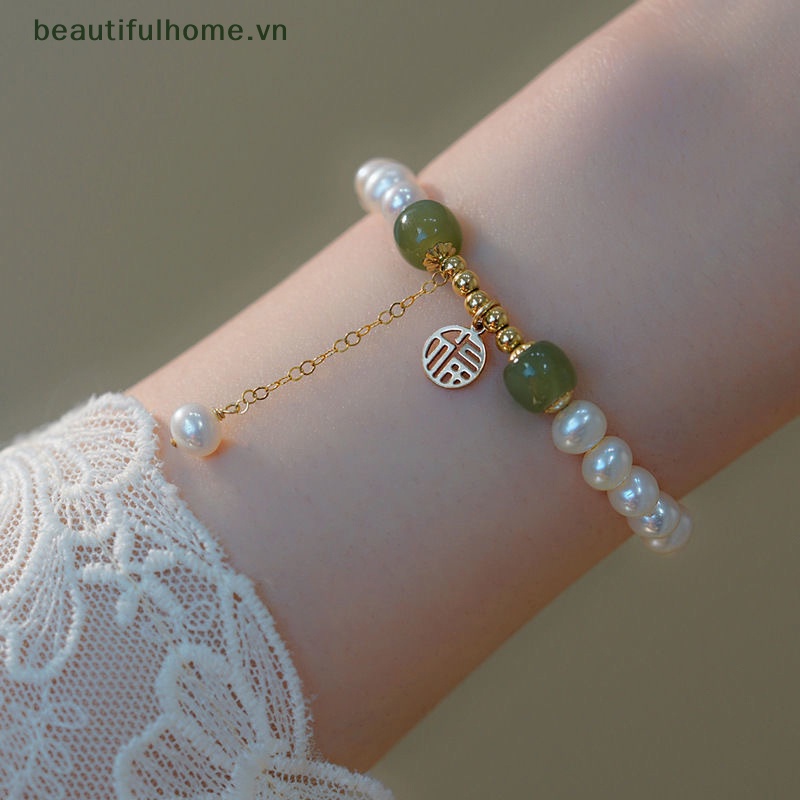 [beautifulhome] Vòng Tay Ngọc Trai Màu Xanh Lá / Đỏ Phong Cách Trung Hoa Cổ Điển Dễ Thương Làm Quà Tặng Trang Sức Cho Nữ [beauty