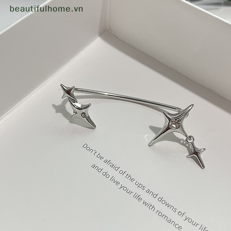 1 Đôi Bông Tai Kẹp Hình Ngôi Sao Màu Bạc Đính Đá Zircon Không Đối Xứng Phong Cách Gothic Thời Trang Cho Nữ