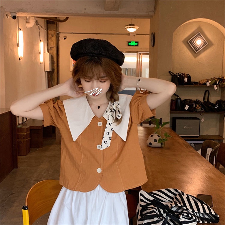 Áo Sơ Mi Ngắn Tay Cổ Búp Bê Màu Tương Phản Kiểu Pháp Thời Trang Mùa Xuân 2023 Mới Cho Nữ