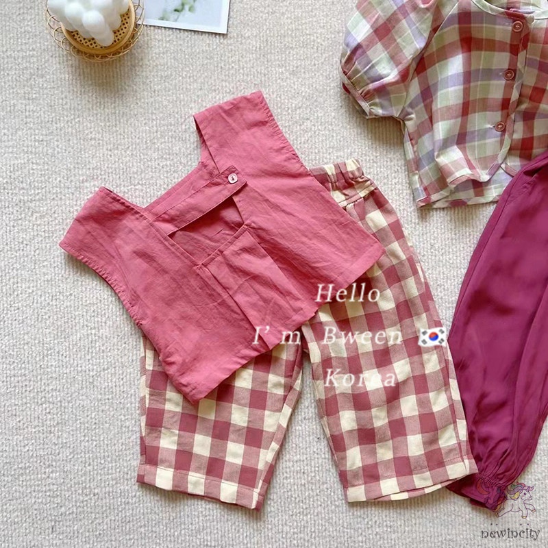 Set Đồ Mùa Hè 2 Món Gồm Áo Cổ Vuông Hở Lưng Màu Trơn + Quần Dài Eo Thun Kẻ Sọc Caro Cho Bé Gái