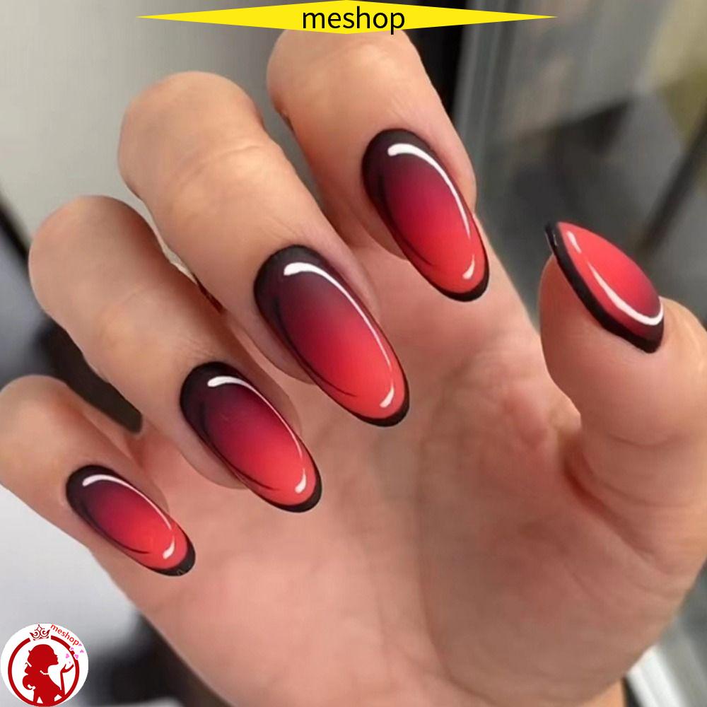 ME Set 24 Móng Tay Giả Màu Đỏ Đen Đính Đá Kim Cương / Đỏ / Gradient Có Thể Tháo Rời DIY
