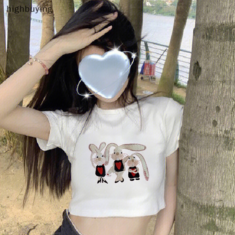 Áo Thun Lửng Ngắn Tay Cổ Tròn In Hình Thỏ Hoạt Hình Phong Cách Retro Mỹ Cho Nữ