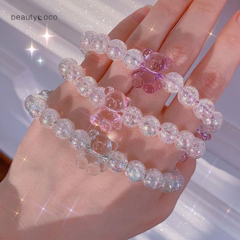 Beautycoco🍊Dây buộc tóc hình gấu đính hạt pha lê trong suốt màu kẹo dễ thương cho nữ