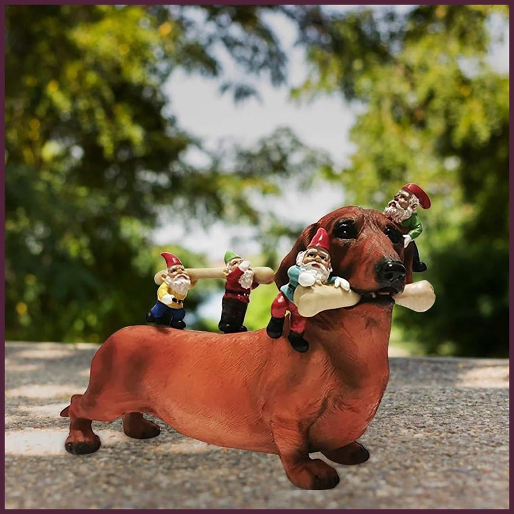 Gnome Tượng Resin Trang Trí Sân Vườn Hình Chú Chó Ăn Xương Nghệ Thuật Dachshund Gemvn