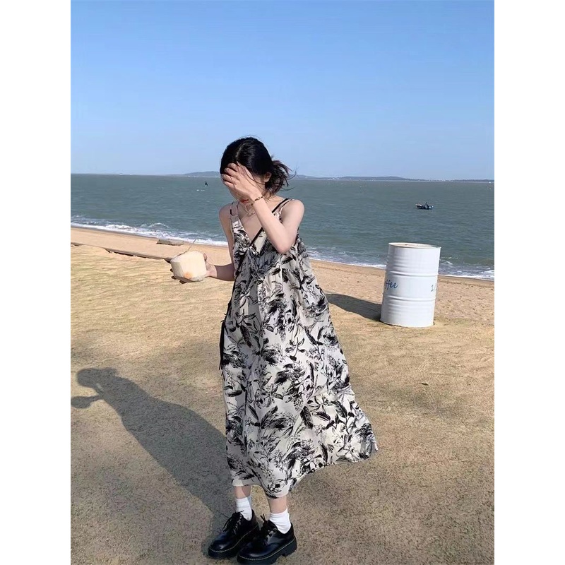 Đầm Dài Hai Dây Dáng Rộng Cổ Chữ V In Họa Tiết Hoa Thời Trang Mùa Hè Xinh Xắn Cho Nữ