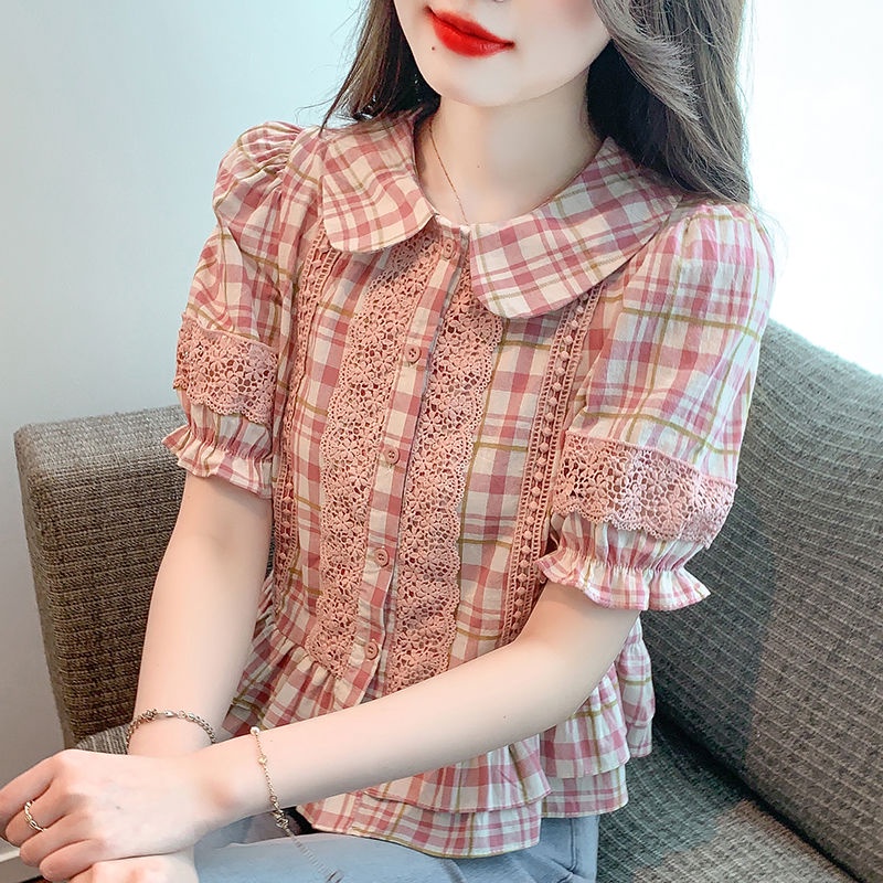 Áo Sơ Mi Tay Phồng Cổ Búp Bê Họa Tiết Kẻ Sọc Thiết Kế Mới Thời Trang Mùa Hè Cho Nữ