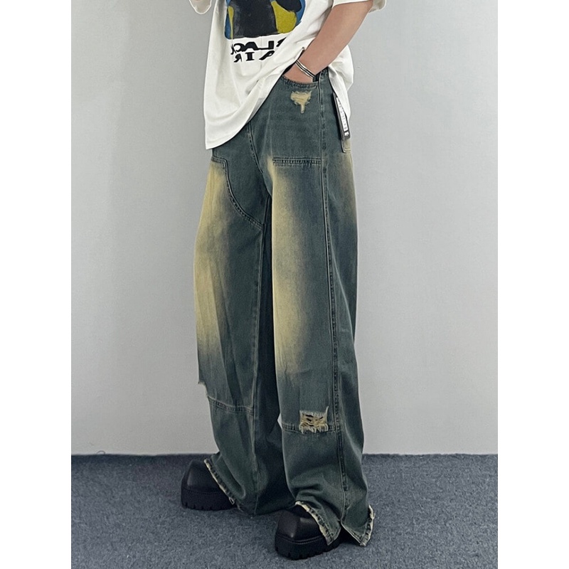 Quần Jean Ống Rộng Xẻ Tà Màu Gradient Phong Cách Đường Phố Mỹ Kiểu Mới Cho Nam Và Nữ