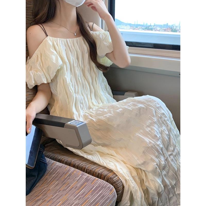 Đầm Hai Dây Dáng Dài Rộng Cổ Chữ V Xếp Ly Màu Trơn Thời Trang Cho Nữ 6.30