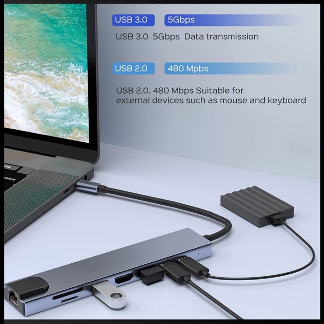 Bộ Chia Cổng Usb Type-c 8 Trong 1 Đa Năng Bằng Hợp Kim Nhôm Cho Notebook